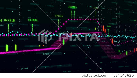 Displaying neon data chart on dark grid dashboard with magenta nodes cyan line green orange bars Displaying neon data chart on dark grid dashboard with magenta nodes cyan line green orange bars 134143629