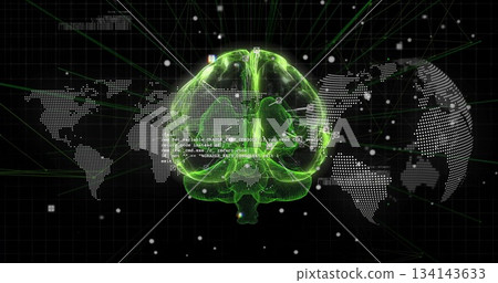 Green 3D brain hologram glowing in grid panel, with world map overlay, code fragments, data markers 134143633