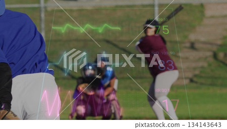 Pitcher delivering baseball toward swinging batter at home plate, with heads-up display, copy space 134143643