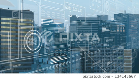 Projecting translucent data panels displaying line charts and circular gauges over urban skyline Projecting translucent data panels displaying line charts and circular gauges over urban skyline 134143667