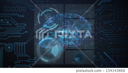 Projecting holographic brain model hovering over grid control panel, with HUD graphics and traces Projecting holographic brain model hovering over grid control panel, with HUD graphics and traces 134143668