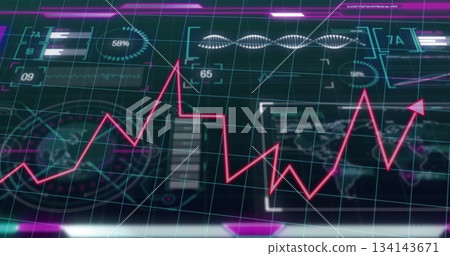 Displaying neon pink jagged line chart trending upward on holographic dashboard, with data panels Displaying neon pink jagged line chart trending upward on holographic dashboard, with data panels 134143671
