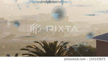 Displaying palm tree and chairs on terrace overlooking hazy cityscape, with digital HUD overlays Displaying palm tree and chairs on terrace overlooking hazy cityscape, with digital HUD overlays 134143675