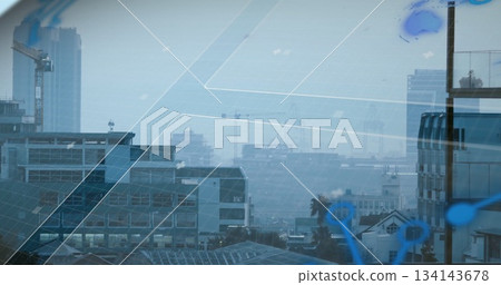 Showing solar-paneled office buildings standing behind glass, with crane and digital overlay 134143678