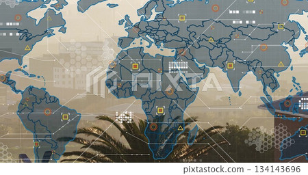Displaying map overlay with data markers and connecting lines over city skyline and palm trees 134143696