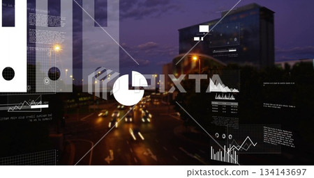 Displaying multi-lane junction with vehicle light trails at night city street, with data overlays 134143697