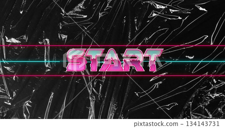 Displaying retro neon text START on crinkled black vinyl backdrop, with pink and cyan lines Displaying retro neon text START on crinkled black vinyl backdrop, with pink and cyan lines 134143731