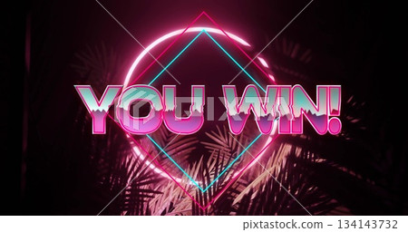 Displaying neon sign YOU WIN! glowing in neon-lit display, with geometric shapes and palm leaves Displaying neon sign YOU WIN! glowing in neon-lit display, with geometric shapes and palm leaves 134143732