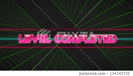 Neon pink 3D LEVEL COMPLETED text shining in gaming interface, with pink-cyan lines and green grid Neon pink 3D LEVEL COMPLETED text shining in gaming interface, with pink-cyan lines and green grid 134143735