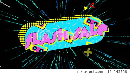 Displaying blue pill banner flashing neon FLASH SALE text in web promo with sprinkles, teal streaks Displaying blue pill banner flashing neon FLASH SALE text in web promo with sprinkles, teal streaks 134143738