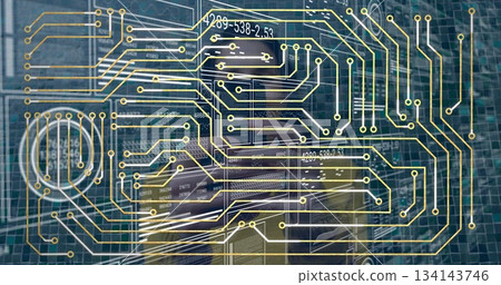 Visualizing mid adult male pressing temples in virtual grid, with golden circuits and data screens Visualizing mid adult male pressing temples in virtual grid, with golden circuits and data screens 134143746