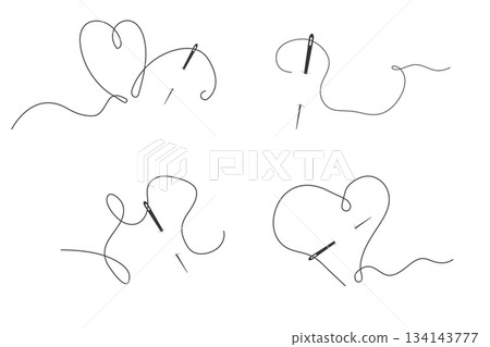 Set needle with thread doodle simple icon, line embroidery decoration. Curvy thread sewing, tailor tool silhouette.  134143777