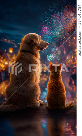 A fantastic illustration of a dog and cat watching fireworks at night A fantastic illustration of a dog and cat watching fireworks at night 134143784