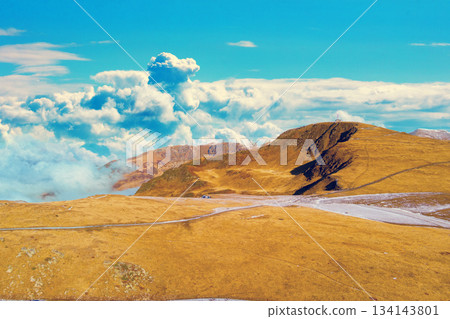 Mountain landscape on a sunny day in autumn. View from above of mountains valley Pyrenees, Andorra, Europe 134143801