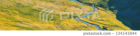 Beautiful nature background. Panorama landscape. Texture of earth. Winding mountain river. Aerial view. Horizontal banner 134143844