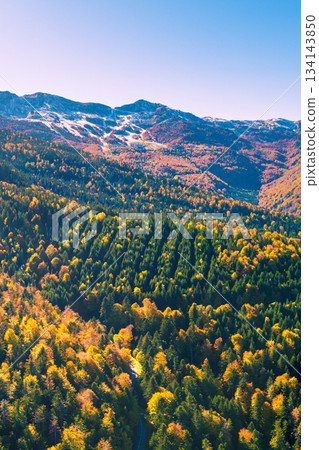 Mountain landscape in early winter, snowy slope. Ski resort Station Les Monts d'Olmes France Europe. Vertical banner Mountain landscape in early winter, snowy slope. Ski resort Station Les Monts d'Olmes France Europe. Vertical banner 134143850