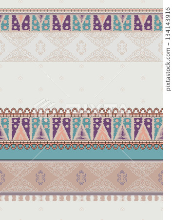 Assorted floral geometric and heart pattern panel designs in soft pastel colors 134143916