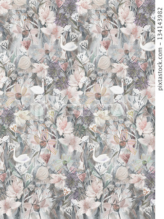 Assorted floral geometric and heart pattern panel designs in soft pastel colors 134143982