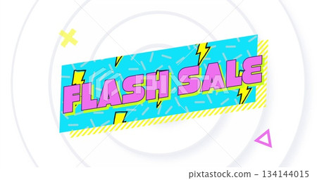 Displaying blue FLASH SALE banner in layout, with lightning icons, dash patterns and striped border 134144015