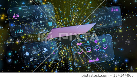 Floating purple laptop outline in digital field, showing four holographic data panels and particles Floating purple laptop outline in digital field, showing four holographic data panels and particles 134144063