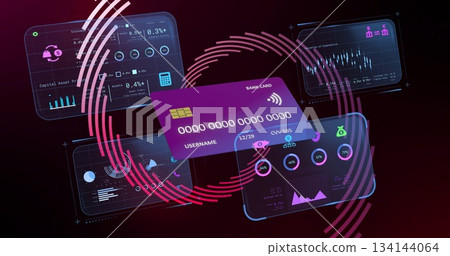 Displaying purple bank card floating in cyberspace, with charts, money bag and lock icons and rings Displaying purple bank card floating in cyberspace, with charts, money bag and lock icons and rings 134144064