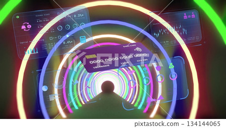 Floating purple bank card gliding in digital tunnel with chip, smartphone silhouette and UI panels 134144065