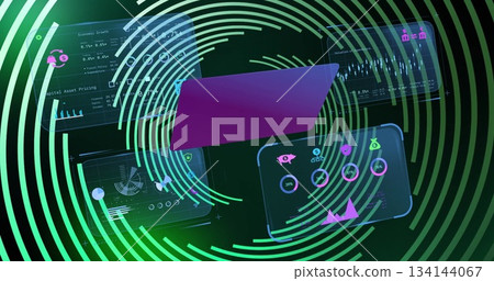 Floating purple laptop displaying holographic panels in cyberspace, with financial icons and charts Floating purple laptop displaying holographic panels in cyberspace, with financial icons and charts 134144067