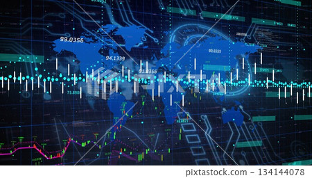 Displaying world map streaming numbers on circuit grid, with cyan lines and candlestick charts 134144078