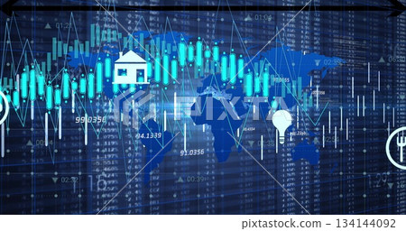 Displaying world map financial chart with candlestick bars and sector icons on trading interface 134144092