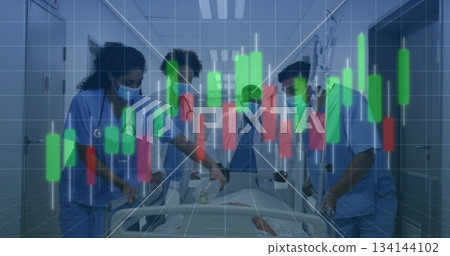 Masked medical team pushing patient on gurney in hospital corridor, with candlestick chart overlay 134144102