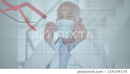 Putting on surgical mask physician wearing white lab coat in clinic corridor, with data overlay 134144159