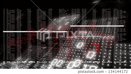 Displaying translucent red server rack wireframes in virtual data center, with glowing grid nodes Displaying translucent red server rack wireframes in virtual data center, with glowing grid nodes 134144172