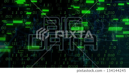 Streaming Big Data text through digital matrix, with green binary digits, neon bars, network lines 134144245
