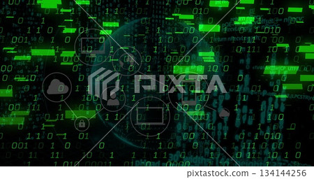 Showing wireframe globe linking icons and code fragments in cyberspace, with streaming binary code 134144256