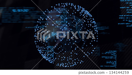 Floating translucent digital globe showing network paths on data dashboard, with code fragments 134144259