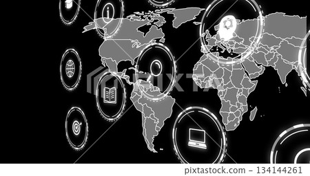 Displaying world map on dashboard, with glowing icons of globe book laptop target and avatar Displaying world map on dashboard, with glowing icons of globe book laptop target and avatar 134144261