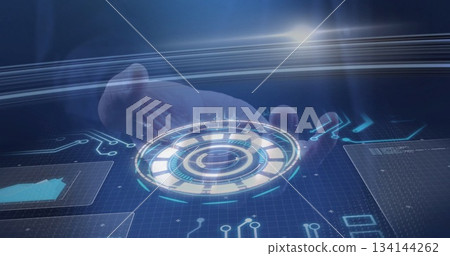 Extending male right hand using circular holographic interface in virtual space, with data panels Extending male right hand using circular holographic interface in virtual space, with data panels 134144262