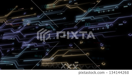 Streaming digital network connecting circuit paths and nodes in virtual interface, with neon traces Streaming digital network connecting circuit paths and nodes in virtual interface, with neon traces 134144268