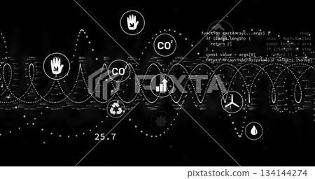 dotted wave graphic oscillating in dashboard, with environmental icons, snippet and 25 dotted wave graphic oscillating in dashboard, with environmental icons, snippet and 25 134144274