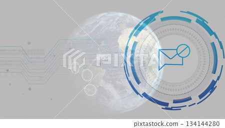 Displaying blue circular HUD graphic with envelope icon at network interface, highlighting globe Displaying blue circular HUD graphic with envelope icon at network interface, highlighting globe 134144280