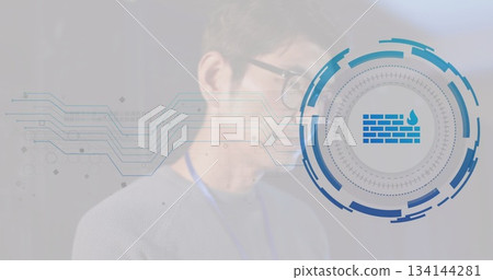 Pointing Korean speaker wearing glasses, lanyard toward firewall icon at tech event, copy space Pointing Korean speaker wearing glasses, lanyard toward firewall icon at tech event, copy space 134144281