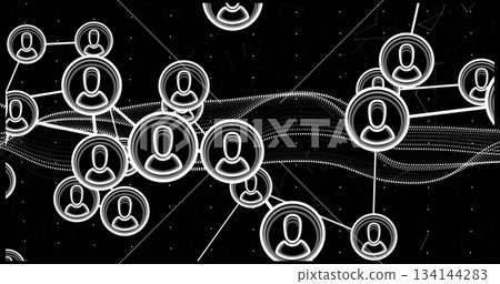 Displaying digital network graph moving on dark field, with glowing user icons, lines, dotted waves Displaying digital network graph moving on dark field, with glowing user icons, lines, dotted waves 134144283
