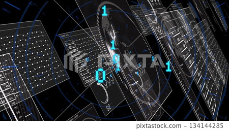 Floating interface panels showing binary digits, circular gauges and tabular grids in digital space Floating interface panels showing binary digits, circular gauges and tabular grids in digital space 134144285