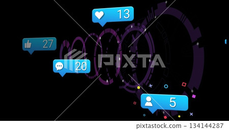 Displaying purple circuit rings receding into black space, with four blue bubble icons and confetti Displaying purple circuit rings receding into black space, with four blue bubble icons and confetti 134144287