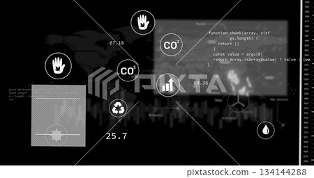 Displaying eco dashboard in dark theme, with CO² and recycling icons, code panel and histogram Displaying eco dashboard in dark theme, with CO² and recycling icons, code panel and histogram 134144288