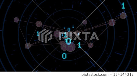 Displaying user icon nodes connecting with lines and binary digits in futuristic network interface 134144312