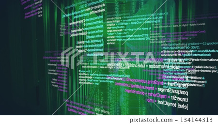 Moving code lines and green data bars across virtual interface, with holographic effect 134144313