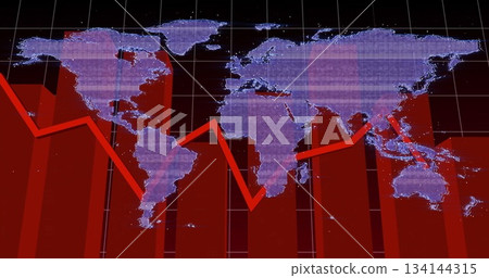 Displaying purple world map with rising red bars, red line graph on slide with green grid 134144315