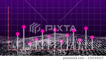 Visualizing 3D bars rising from numeric grid on purple gradient, with magenta spheres and red axes Visualizing 3D bars rising from numeric grid on purple gradient, with magenta spheres and red axes 134144317
