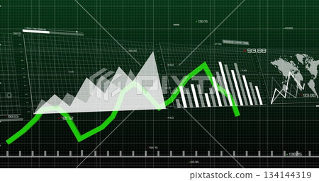 Displaying data visualization on dashboard, with area chart, line chart, bar charts, world map Displaying data visualization on dashboard, with area chart, line chart, bar charts, world map 134144319